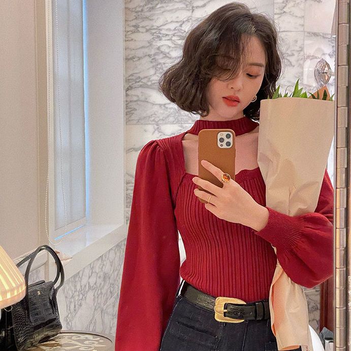 เสื้อถัก คอสี่เหลี่ยม ตัวสั้น สีแดง แฟชั่นฤดูใบไม้ผลิ และฤดูหนาว สไตล์ใหม่ สําหรับผู้หญิง