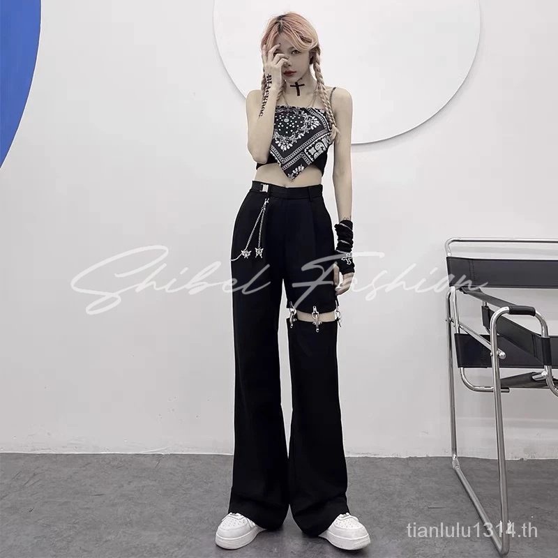 พร้อมส่ง กางเกงขายาว เอวสูง สไตล์เกาหลี พร้อมโซ่ด้านข้าง แต่งชิปที่เข่า ใส่ได้ 2 แบบ สีขาว และสีดํา