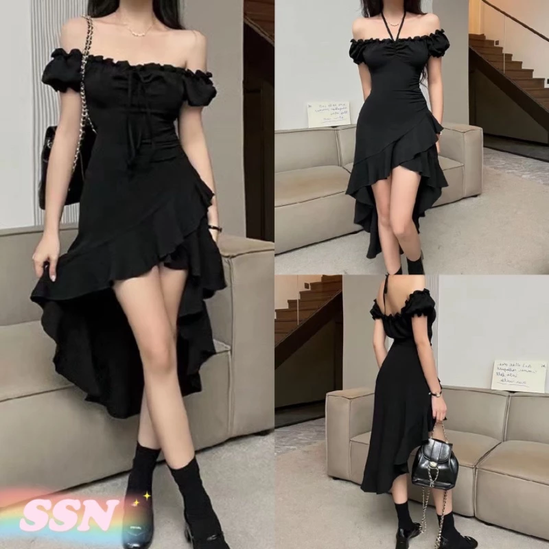 (จัดส่งจากประเทศไทย) สไตล์ฝรั่งเศส สีดำ อสมมาตร ชุดเดรส ไหล่เปลือย เซ็กซี่ กระชับเอว ชุดดำตัวน้อย