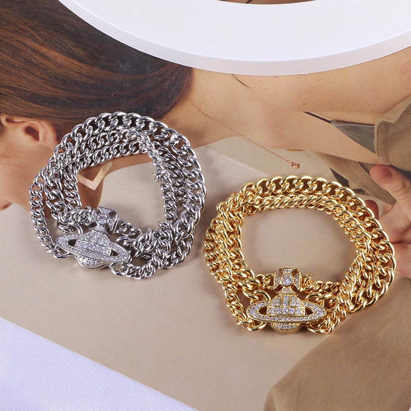 [Westwood] ขายส่ง สร้อยข้อมือโซ่หนา ประดับพลอยเทียม สามชั้น สไตล์พังก์ คู่รัก