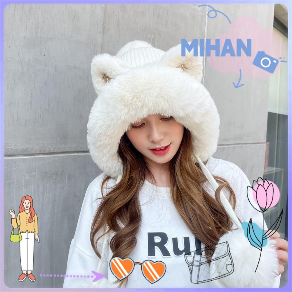 Mh หมวกบีนนี่ ผ้าถัก แต่งขนปุย ลายการ์ตูนแมว ให้ความอบอุ่น สําหรับผู้หญิง
