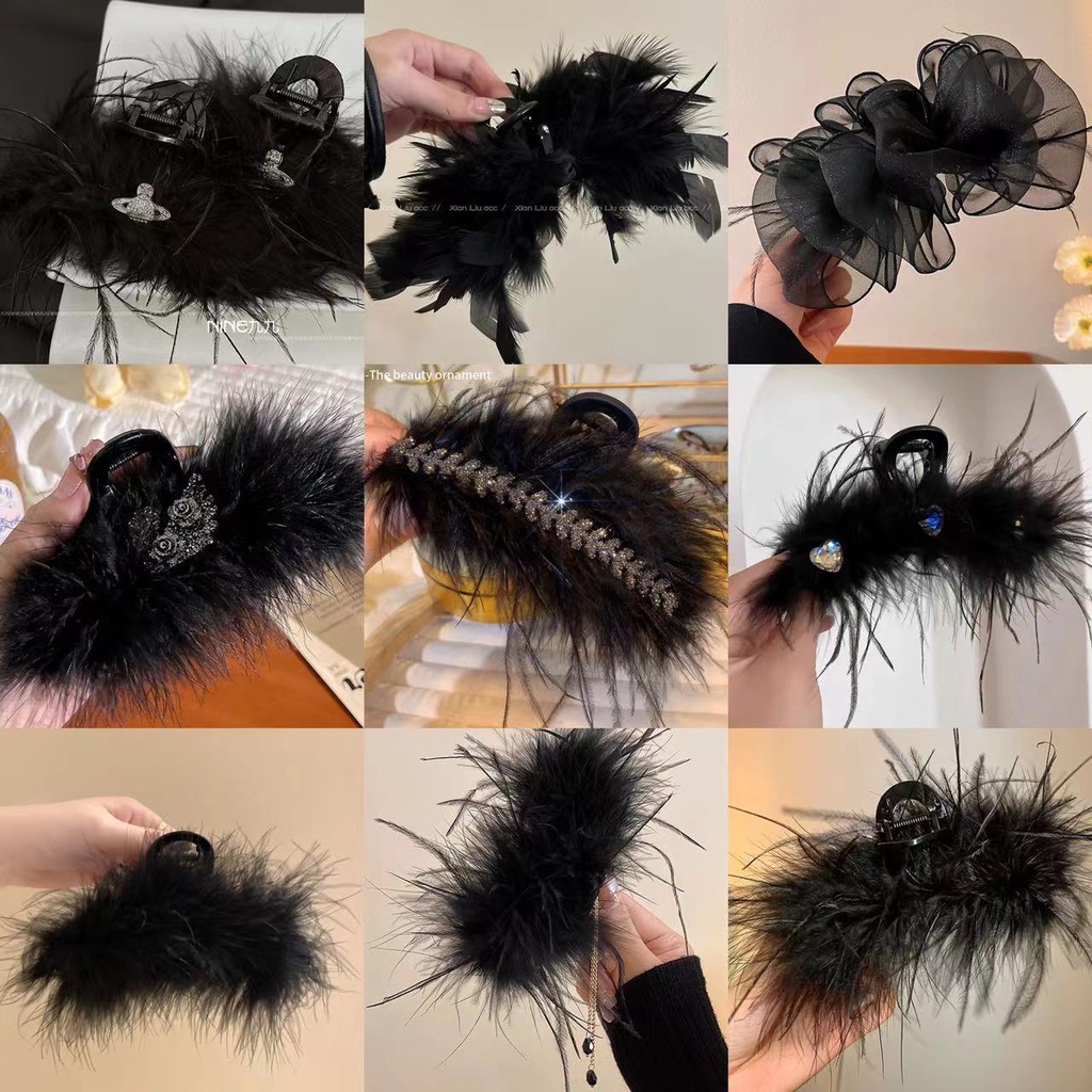 กิ๊บติดผม ขนาดใหญ่ ประดับขนนก สีดํา หรูหรา เครื่องประดับ แฟชั่นแฟรี่ สําหรับผู้หญิง