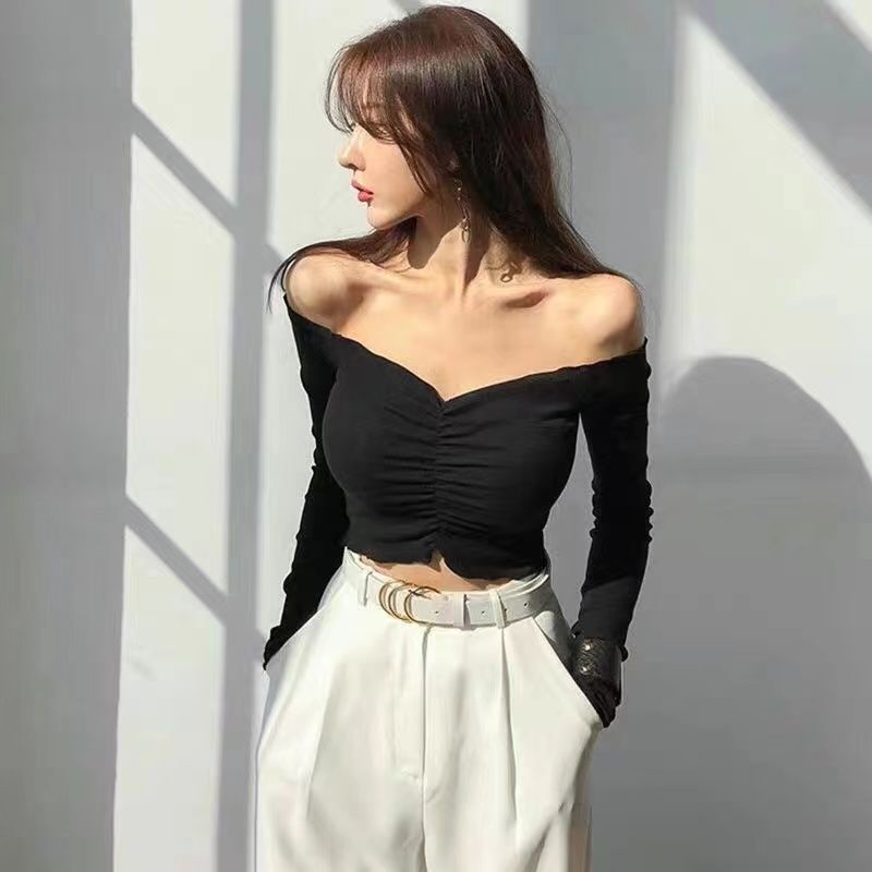 [Doe] เสื้อยืดแขนยาวเซ็กซี่ คอเดียว เข้ารูป สไตล์ยุโรป และอเมริกา สําหรับผู้หญิง