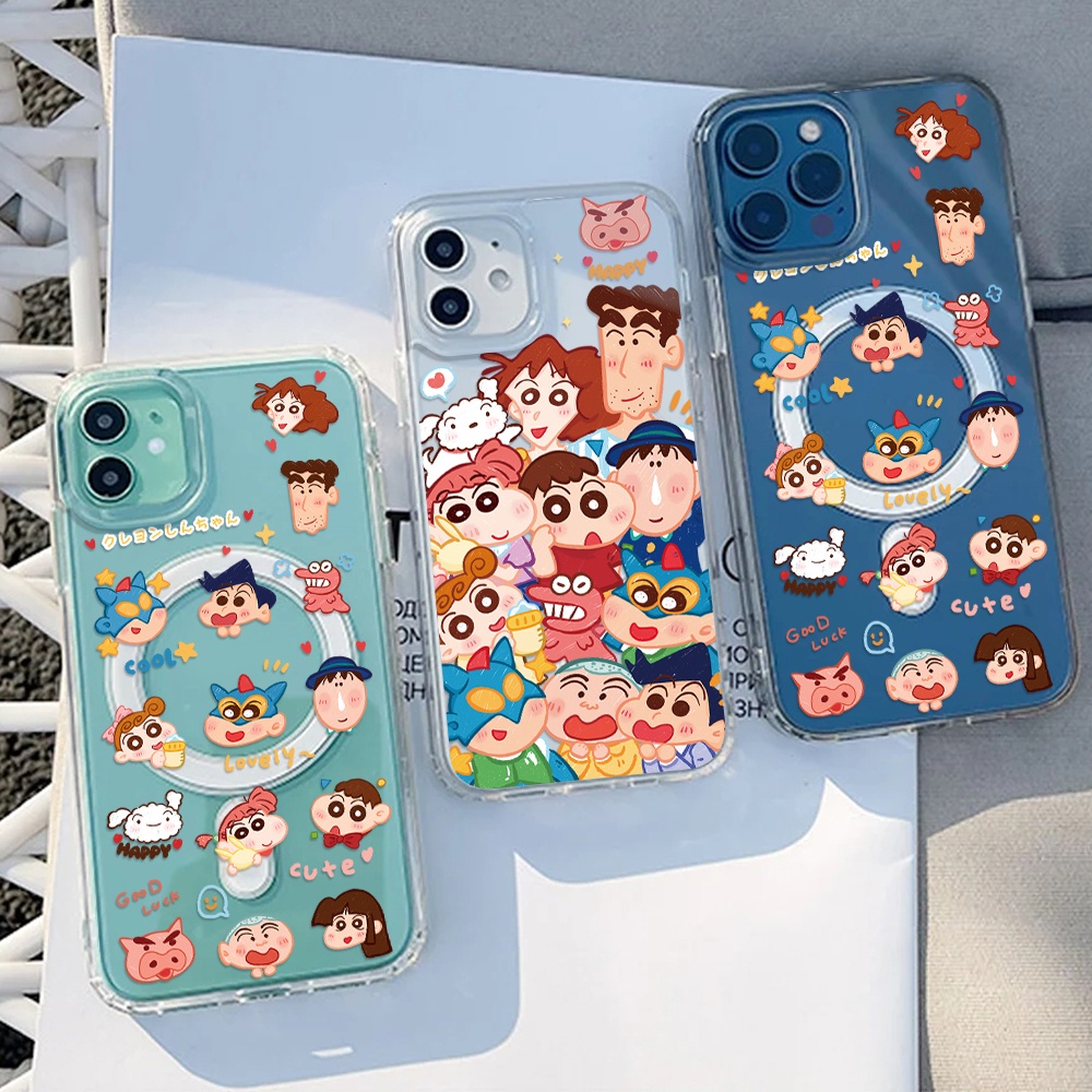 เคสโทรศัพท์มือถือ แม่เหล็ก กันกระแทก ลายการ์ตูนสไปเดอร์แมน ชินจังจอมแก่น สําหรับ iphone 15 14 11 13 12 X XS Pro Max xr Mini xr 7 8 6 plus