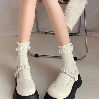🌈พร้อมส่งจากไทย🧦ถุงเท้าผู้หญิง jk ถุงเท้าลูกไม้สีขาว ตกแต่งโบว์ สไตล์โลลิต้าญี่ปุ่น