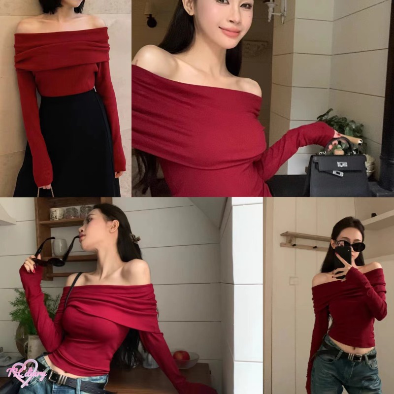 (จัดส่งจากกรุงเทพฯ) ใหม่เสื้อยืดแขนยาวผู้หญิงปิดไหล่บางเซ็กซี่เปิดไหล่