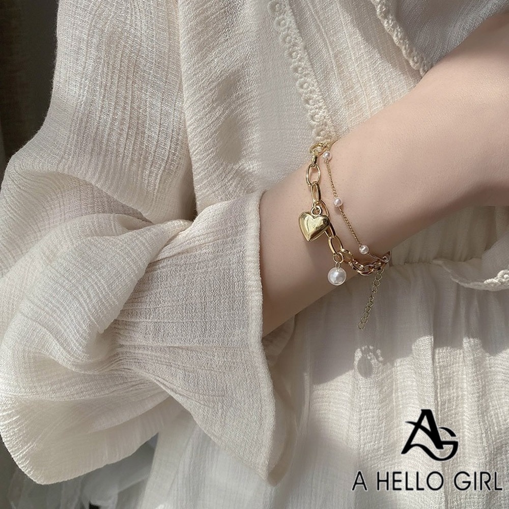 A HELLO GIRL สร้อยข้อมือ สองชั้น เกาหลี มุก ความรัก ผู้หญิง Ins เทรนด์ เรียบง่าย แฟชั่น อารมณ์ เครื่องประดับ หวานสนิท สวัสดี เด็กผู้หญิง