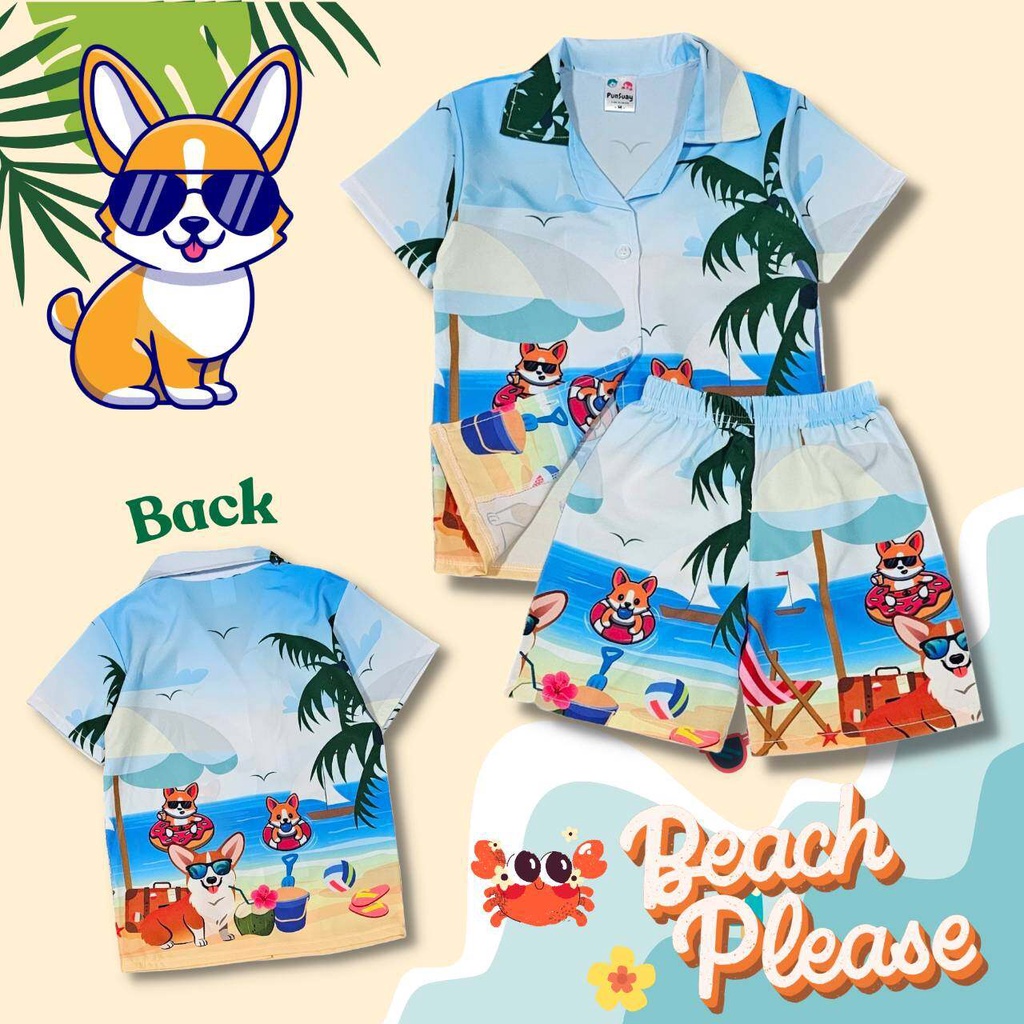 DOG0920#2 ชุดเด็ก เซ็ตเสื้อฮาวาย+กางเกงขาสั้น ผ้าไหมอิตาลี ลายหมาคอร์กี้ เสื้อผ้าเด็ก ชุดเด็กแฟชั่น ชุดเด็กลายการ์ตูน