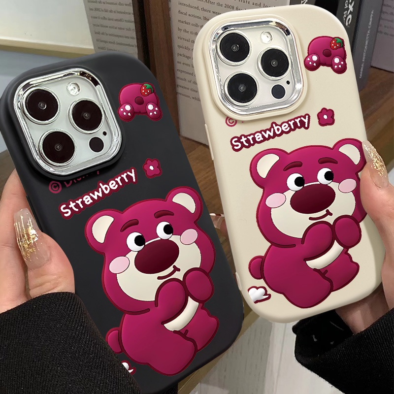 เคสโทรศัพท์มือถือ TPU นิ่ม กันกระแทก ป้องกันกล้อง ลายหมีสตรอเบอร์รี่ สีแดง สําหรับ IPhone 15 14 13 Pro Max 12 Pro 11 Pro Max XS X XR 7 8 Plus +