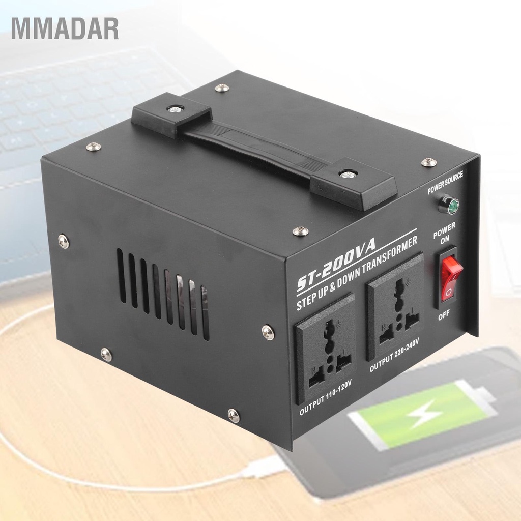 MMADAR ตัวแปลงแรงดันไฟฟ้า 200W พร้อมปลั๊กสากล 2 ชิ้น 100V ถึง 220V หม้อแปลงไฟฟ้า ST-200VA US Plug