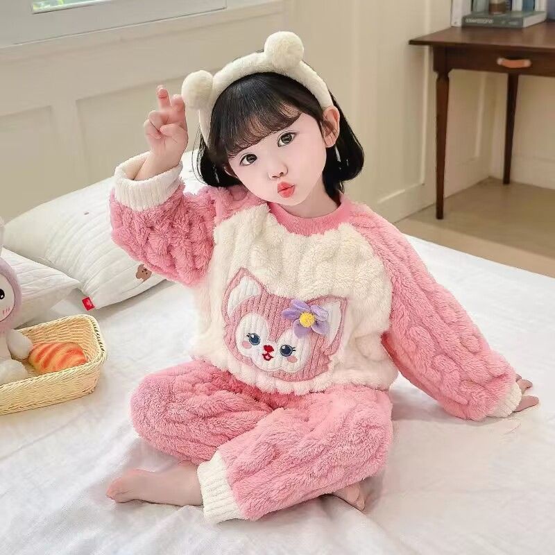 ชุดนอนเด็กผ้าสักหลาดสุดน่ารักสาวน้อยน่ารักสไตล์ตะวันตก ชุดบ้าน ฤดูใบไม้ผลิฤดูใบไม้ร่วงฤดูหนาวชุดขนแกะปะการัง
