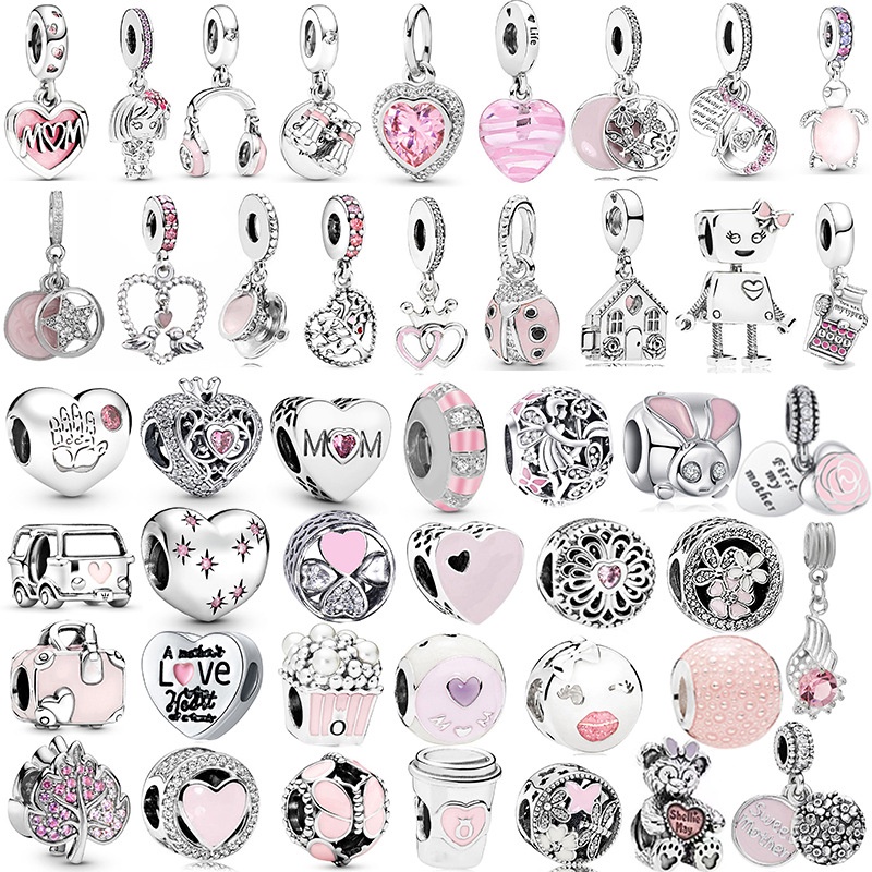 สร้อยข้อมือเงิน 925 Sterling Silver พร้อมลูกปัด DIY สไตล์คลาสสิกชมพู