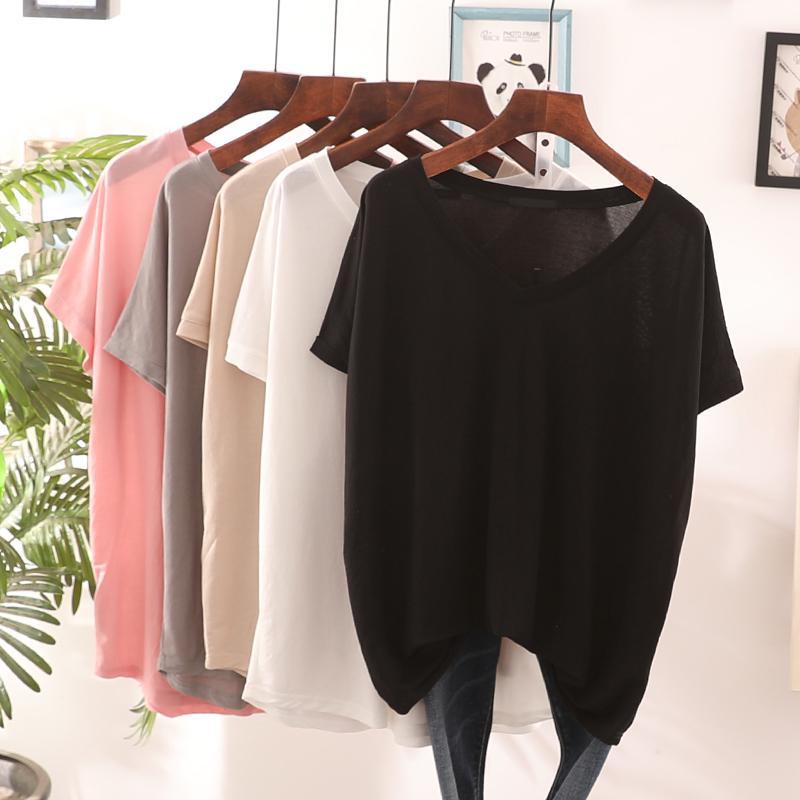 【Plus Size】เสื้อยืดแขนสั้น คอวี ทรงหลวม ขนาดใหญ่ แบบเรียบ พลัสไซซ์ สําหรับผู้หญิง (50-150 กก.)