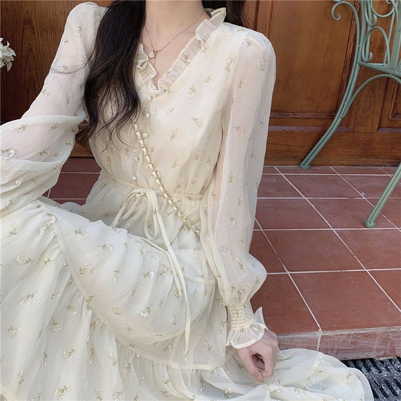 ใหม่ ชุดเดรสกระโปรงยาว ผ้าชีฟอง ลายดอกไม้ สไตล์ฝรั่งเศส สําหรับสตรี