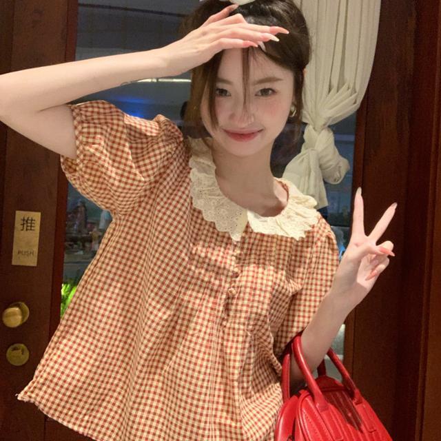 เสื้อเชิ้ตแขนสั้น ลายสก๊อต แต่งลูกไม้ สไตล์เกาหลี