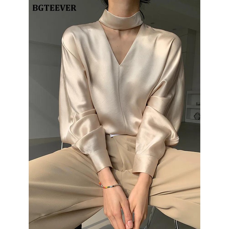 เสื้อเบลาส์ เสื้อท็อปส์ แขนยาว ผ้าซาติน คอวี สง่างาม สําหรับผู้หญิง