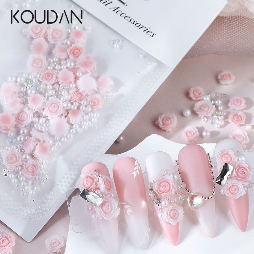 Koudan สติกเกอร์ตกแต่งเล็บ พลอยเทียม คริสตัล ดอกกุหลาบ ไข่มุก