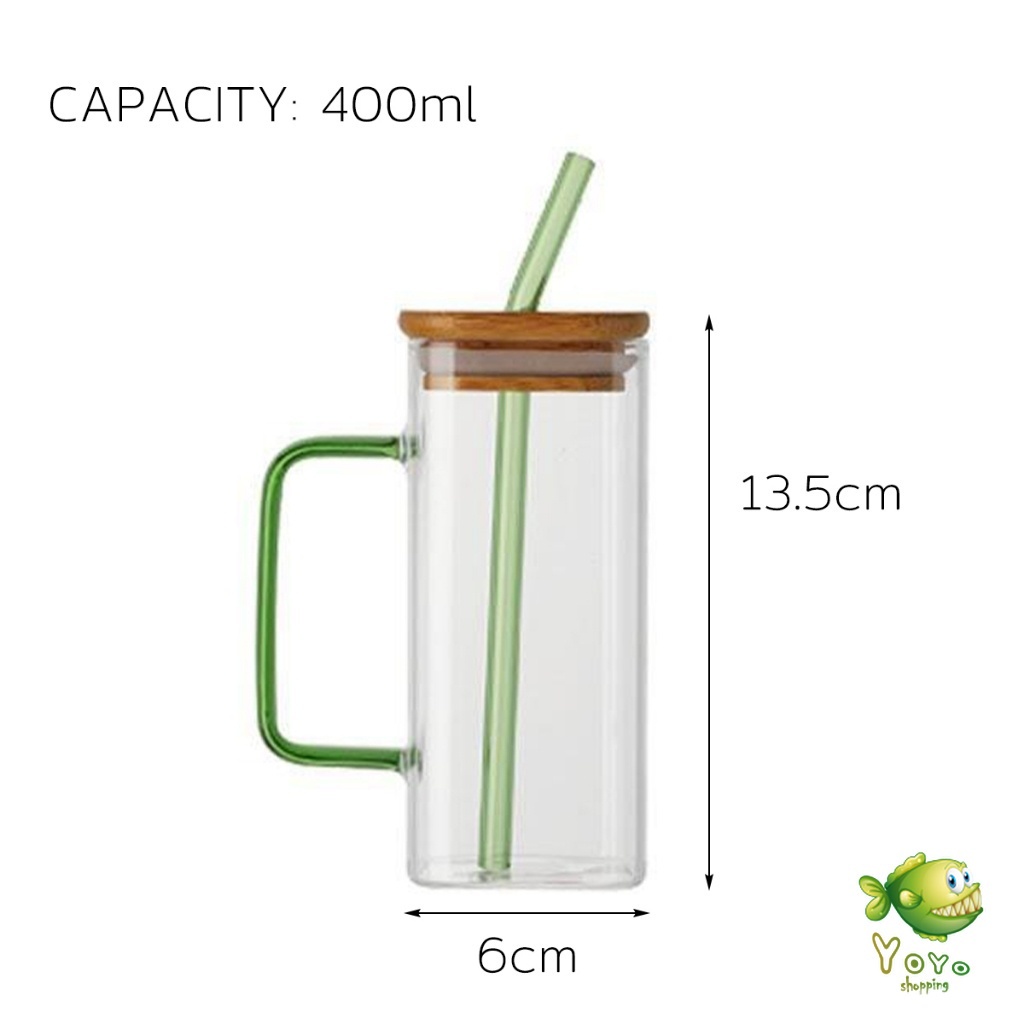 YOYO แก้วทรงสี่เหลี่ยม พร้อมฝาปิด และ หลอดดูด  ถ้วยน้ำผลไม้  400ml Glass coffee cup