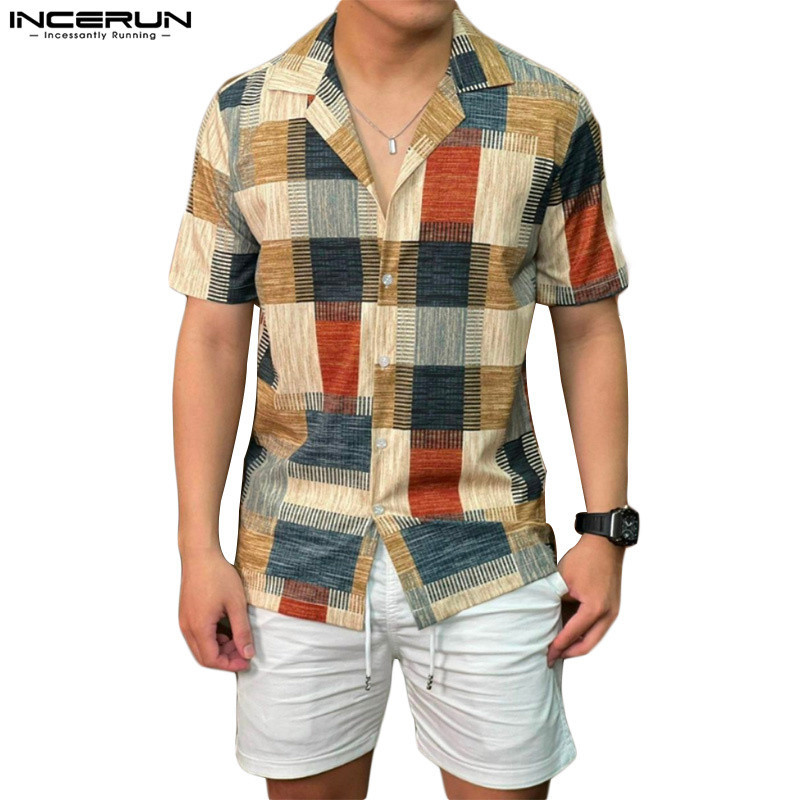 Incerun เสื้อเชิ้ตแขนสั้น พิมพ์ลายตารางหมากรุก แฟชั่นเกาหลี สําหรับผู้ชาย