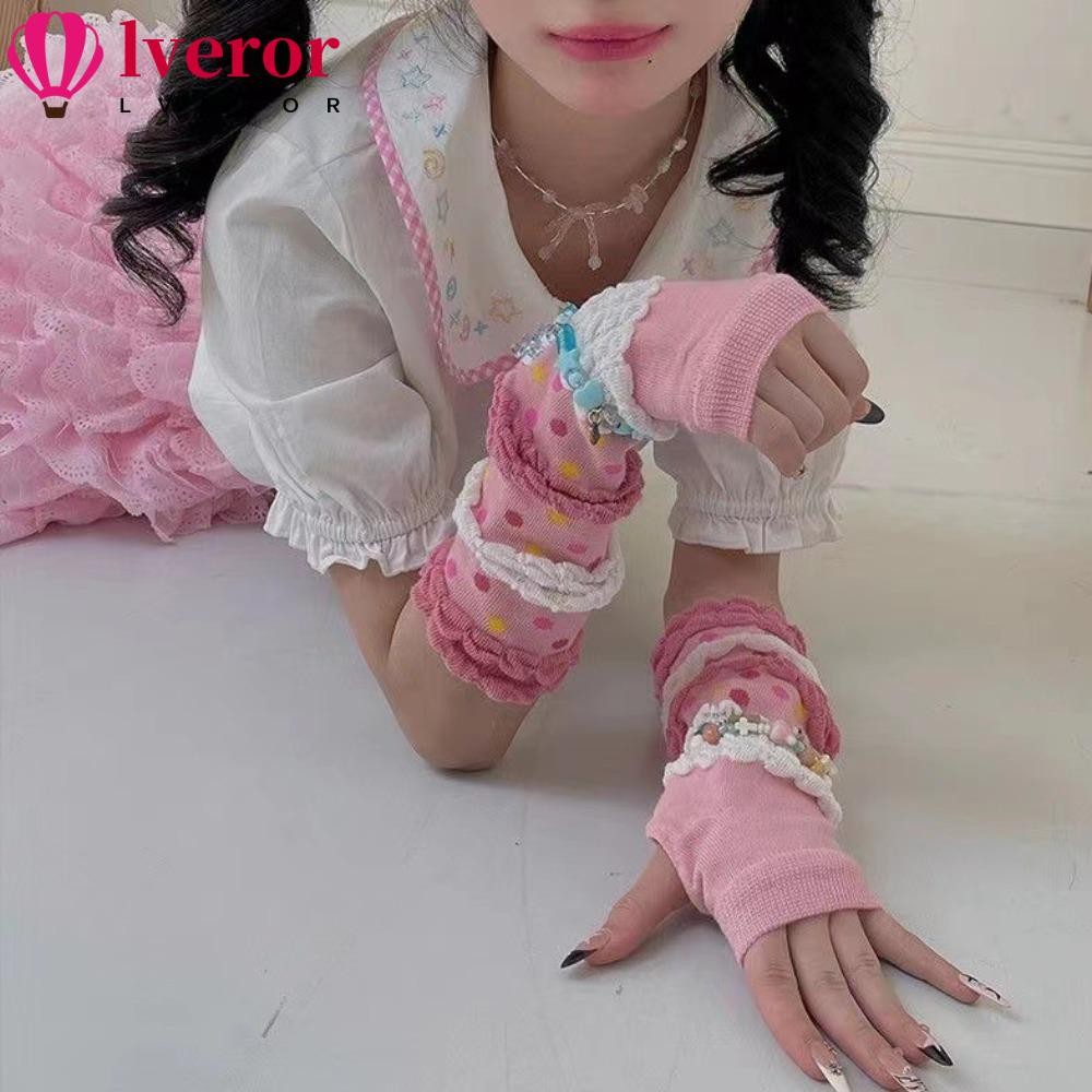 Lveror ถุงมือยาวสีชมพู 1 คู่, กันแดด Y2K ปลอกแขน, แฟชั่นคอสเพลย์น่ารักปลอกแขนยืดหยุ่นผู้หญิงเด็กผู้หญิง