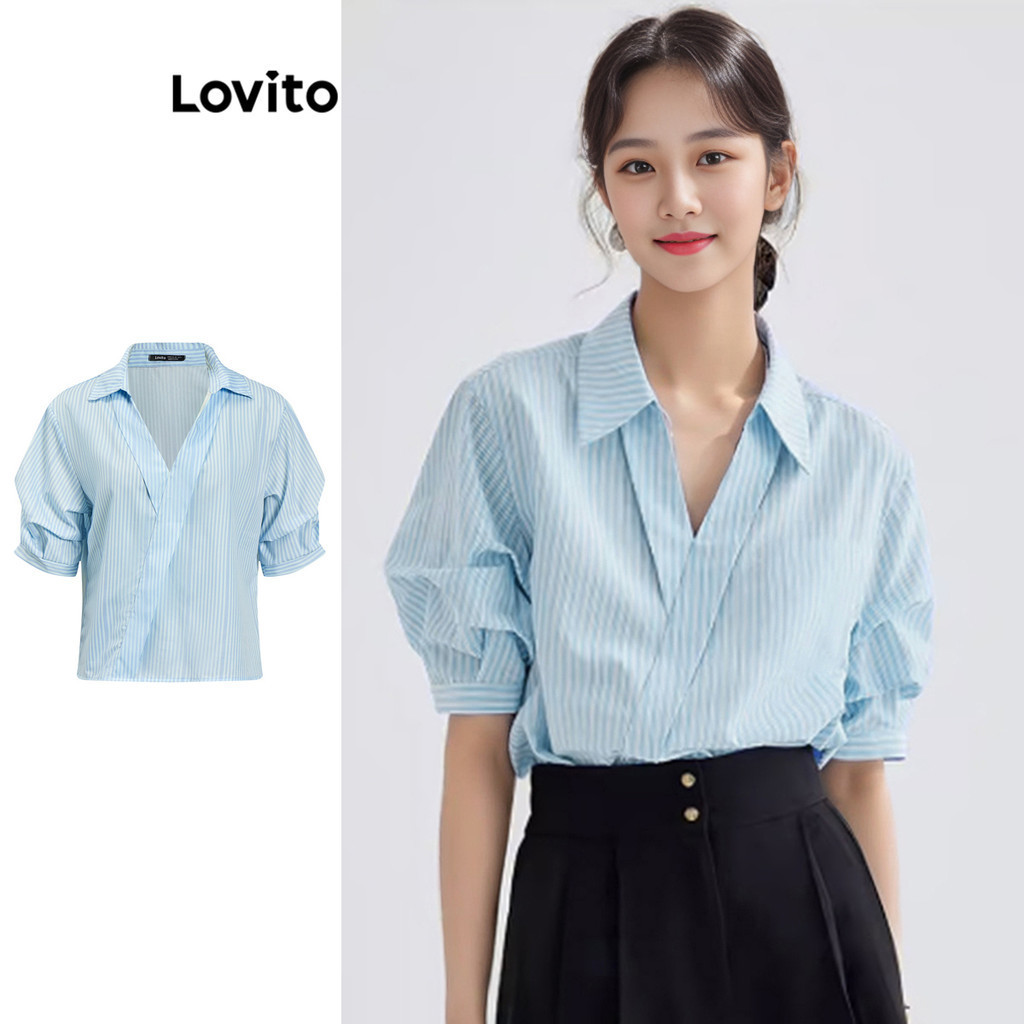 Lovito เสื้อเบลาส์ผู้หญิง ลายทาง ทรงอสมมาตร สไตล์ลำลอง L95ED210
