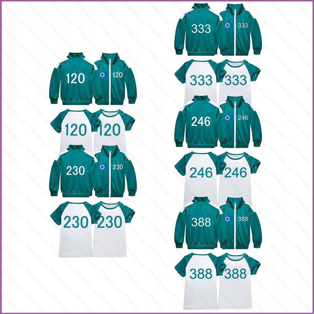 SY1 2 ชิ้น/เซ็ต Squid Game 2 หมายเลข 388 246 230 333 120 เด็กยืนขึ้นปกซิปแจ็คเก็ตกางเกงขายาว