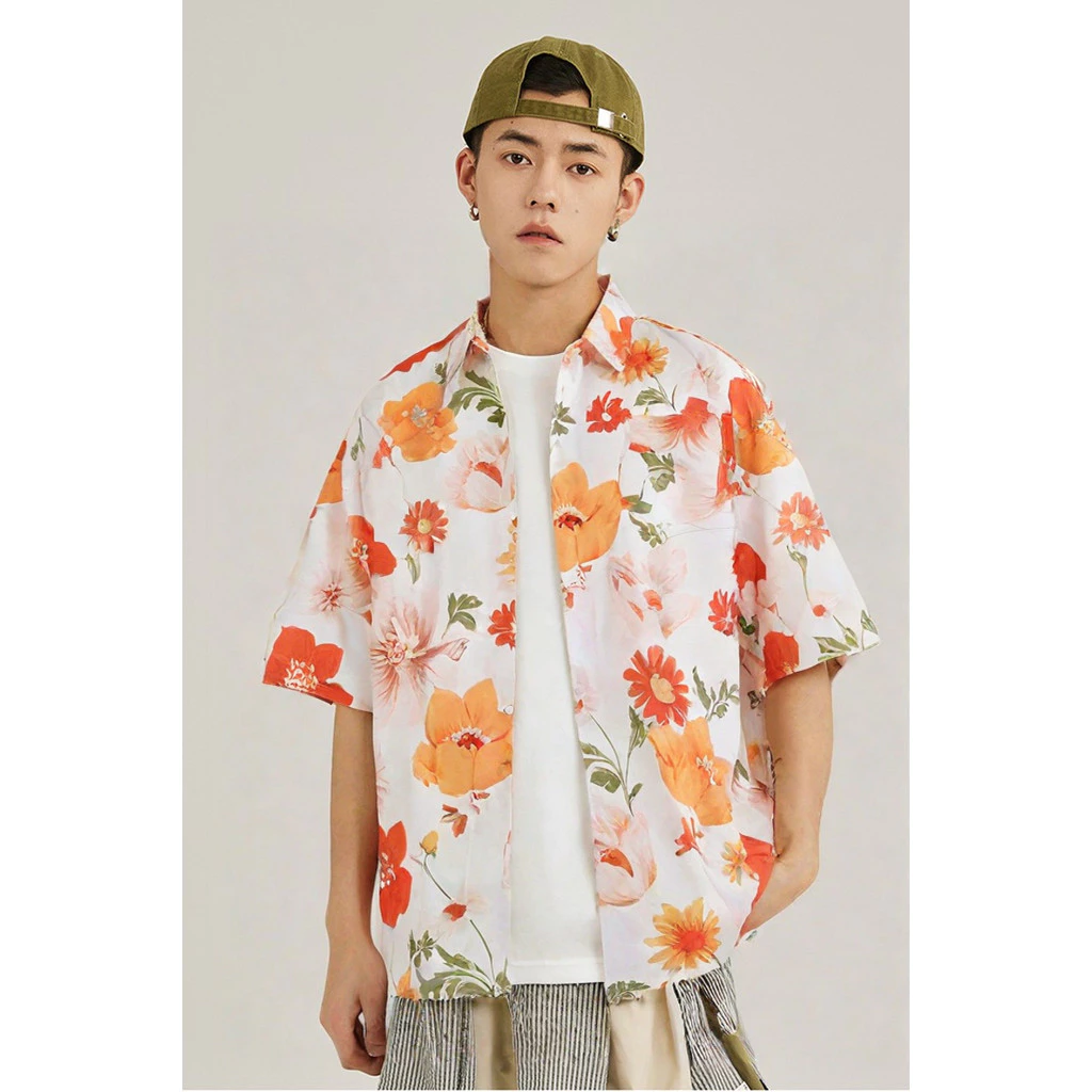 เสื้อฮาวายผู้ชาย ลายดอกสีส้ม ผ้าไหมอิตาลี แขนสั้น #3009 thumbnail 5