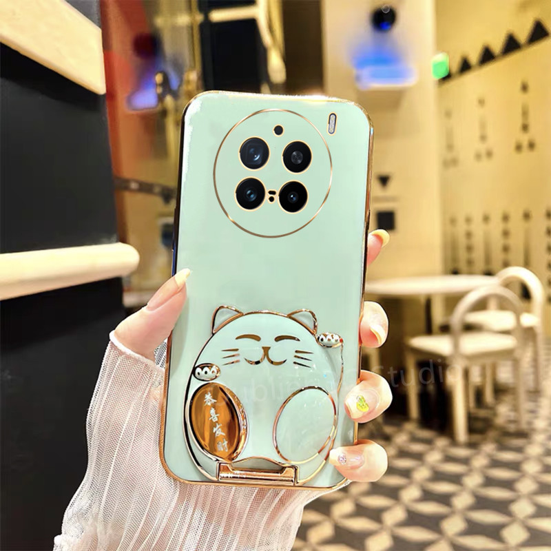 เคส ปลอก VIVO X200 X100 Pro IQOO Z9 Z9X Z7 Z7X 12 5G เคสโทรศัพท์ดีไซน์ใหม่สีลูกกวาดน่ารักการ์ตูน Lucky Cat Stand Electroplated ซิลิโคนปกอ่อน