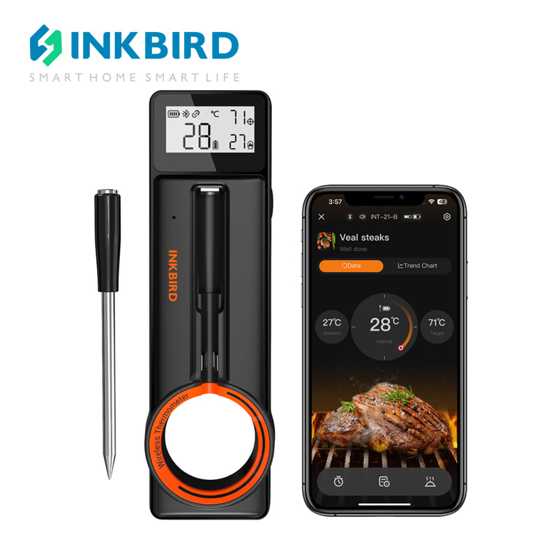 Inkbird INT-21-B เครื่องวัดอุณหภูมิบาร์บีคิวไร้สายบลูทูธ 5.4 เนื้อ Ther-mometer พร้อม Probe LCD อุณหภูมินาฬิกาปลุก APP ควบคุม