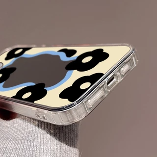 Case เคส for iPhone 11 13 15 16 14 12 17 Pro Max เคสไอโฟน11 16Pro ขอบดอกไม้สีขาวดำนม กรณีโทรศัพท์มือถือชุบกระจก