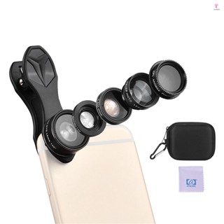 APEXEL APL-DG5H 5 in 1 Cellphone Lens Kit 198° Fisheye Lens 0.63X Wide Angle Lens 15X Macro Lens 2X Telescope CPL Lenses for iPhone Samsung Huawei Xiaomi - Fisheye Lens for Smartphone Photography