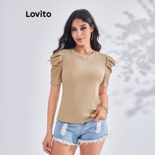 Lovito เสื้อยืดลําลอง แขนพัฟ แต่งซิปด้านหน้า พร้อมกระเป๋า สําหรับผู้หญิง LBE03018 (แอปริคอท)