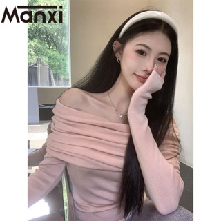 Manxi เสื้อแฟชั่นผู้หญิง เสื้อแขนยาว คลุม ไหมพรม ครอปเสื้อแขนยาว 36Z230908