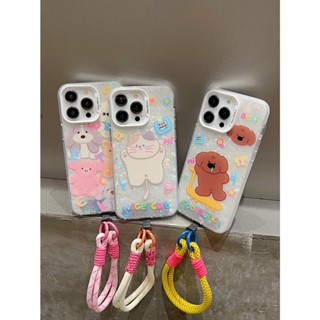 เคสโทรศัพท์มือถือแบบนิ่ม TPU ใส กันกระแทก ลายการ์ตูนสัตว์ แต่งกลิตเตอร์ พร้อมสายคล้องข้อมือ สําหรับ iPhone 13 14 12 15 Pro Max