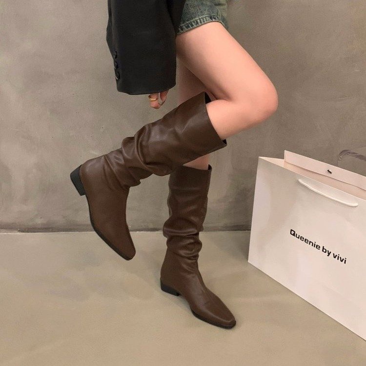 รองเท้าบูท หนัง PU ส้นสี่เหลี่ยม สีพื้น สไตล์ฝรั่งเศส เรโทร ราคาถูก ขายส่ง แฟชั่นฤดูหนาว สําหรับผู้หญิง นักเรียน