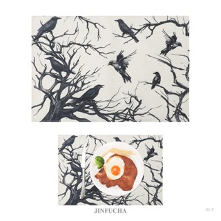 Jinfucha Happy Halloween Matting Tree Crows Ghost Placemats แผ่นรองจาน กันลื่น ทนความร้อน ล้างทําความสะอาดได้ เสื่อโต๊ะรับประทานอาหาร