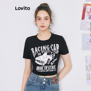 Lovito เสื้อยืดเบสิก ลายตัวอักษร สไตล์เพร็พพี่ สำหรับผู้หญิง L59ED042 (สีดำ)