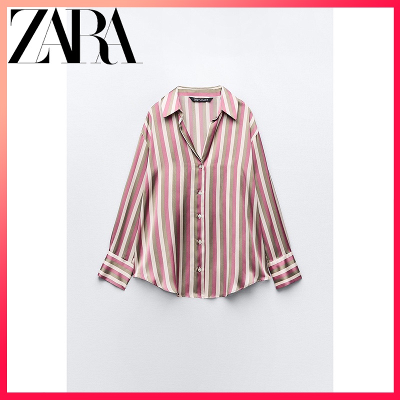 Zara ใหม่ เสื้อเชิ้ต ผ้าซาติน ผ้าไหม ลายทาง แฟชั่นฤดูใบไม้ร่วง สําหรับผู้หญิง