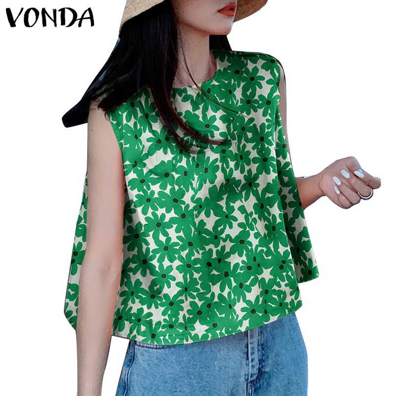 Vonda เสื้อเชิ้ต คอกลม แขนกุด พิมพ์ลาย สีพื้น สไตล์เกาหลี สําหรับผู้หญิง