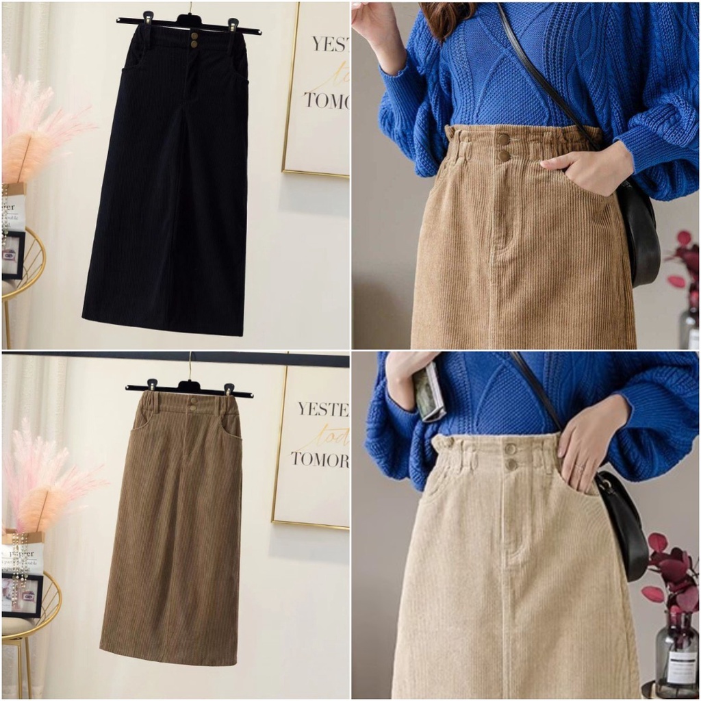 พร้อมส่ง  กระโปรงลูกฟูก ผ่าด้านหลัง เอวสม็อค สีคลุมโทน แฟชั่นสไตล์วินเทจ