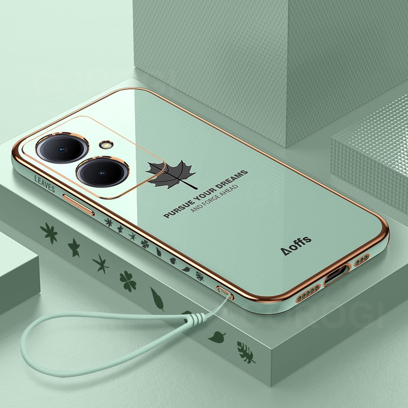 กรณี Lanyard หรูหราเงา 6D ชุบ Maple Leaf รูปแบบเคสโทรศัพท์สําหรับ VIVO Y27 Y36 Y17S V29e Y02 Y02A Y0