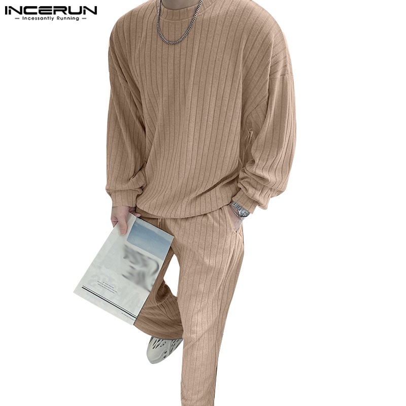 Incerun เสื้อคอกลม ลายทาง และกางเกงลําลอง สําหรับผู้ชาย