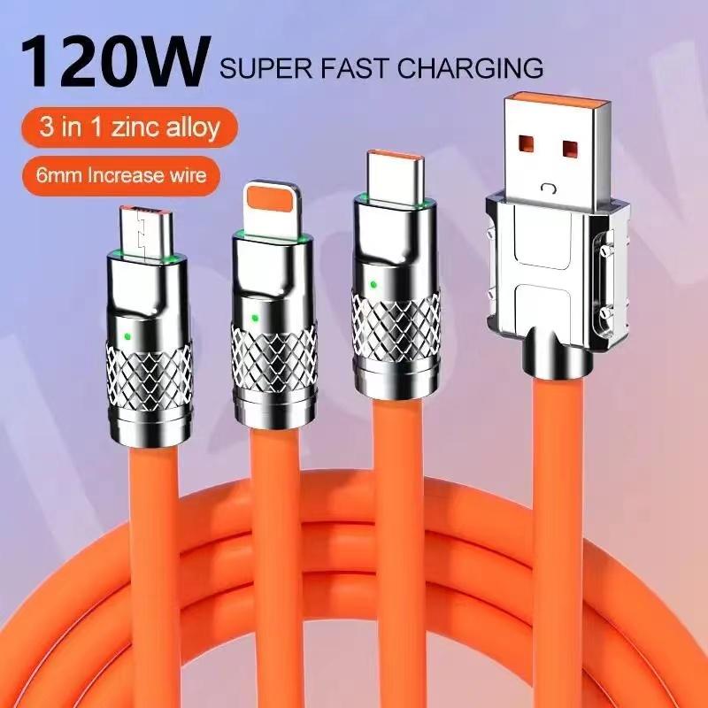 สายชาร์จเร็ว 120W 6A Super Fast Charge LED OD6.0 หนา สายซิลิโคน Quick Charge สาย 3 IN1Type C สำหรับ Xiaomi Huawei