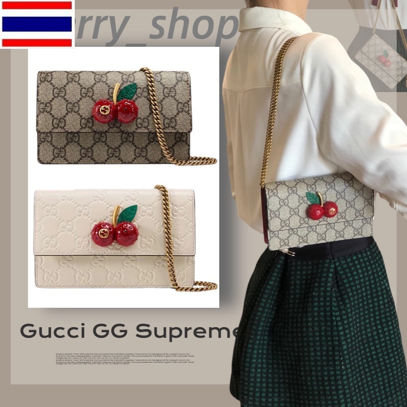 New 🍒กุชชี่ GUCCI GG Supreme Canvas Cherry Mini Bag 🍒แท้กระเป๋ามินิเชอร์รี่ในผ้าใบ กระเป๋าสะพายไหล่สายโซ่🍒 FDEY