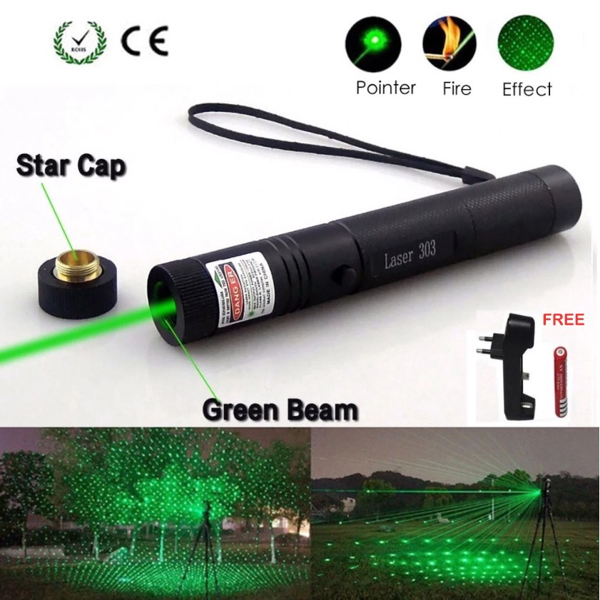 BLUE Laser Pointer 303 อลูมิเนียมปรับ Focus Lazer ไฟสูงเบิร์น 5mW Presenter Long Range 18650 แบตเตอร