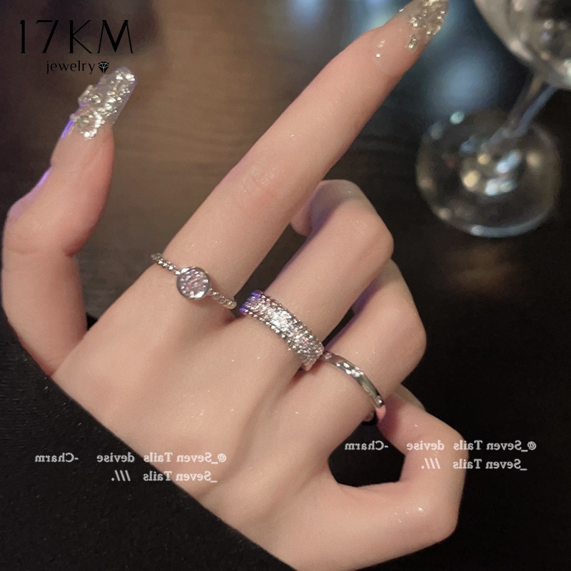 17KM 3 ชิ้น / เซต แหวนคริสตัล แวววาว เพทาย ปรับได้ เปิด แหวนเงิน สําหรับเครื่องประดับผู้หญิง