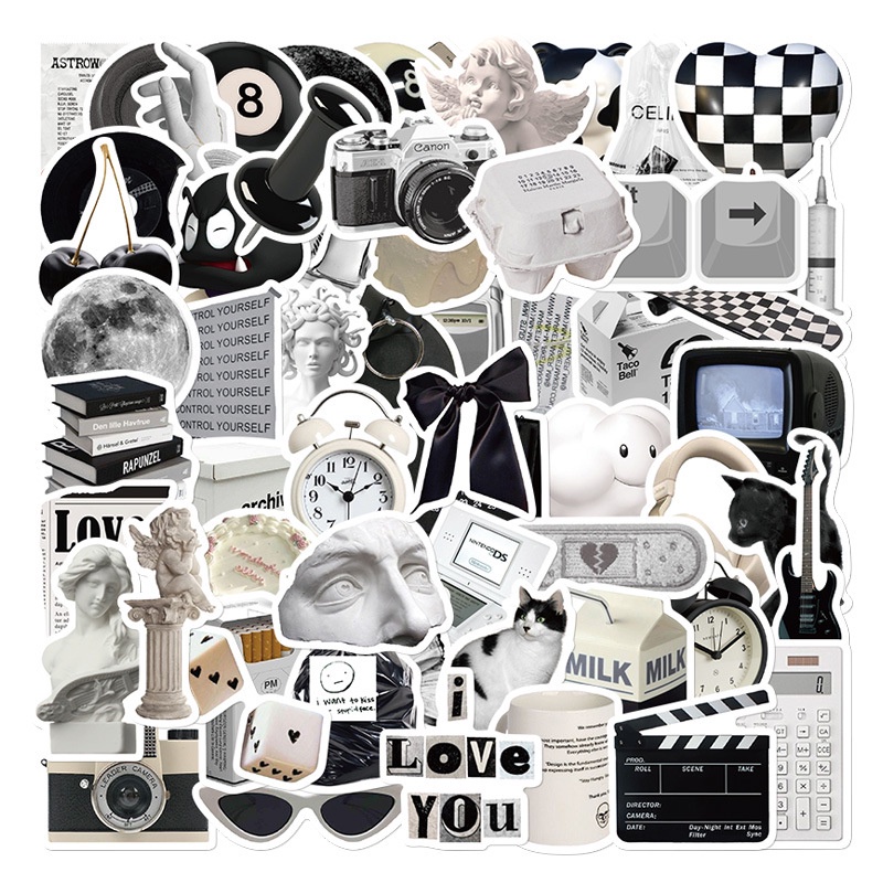 สติกเกอร์ ลายน่ารัก สีดํา สีขาว แบบเรียบง่าย DIY สําหรับติดตกแต่งตู้เย็น แล็ปท็อป โทรศัพท์มือถือ โน้ตบุ๊ก กระเป๋าเดินทาง 61 ชิ้น