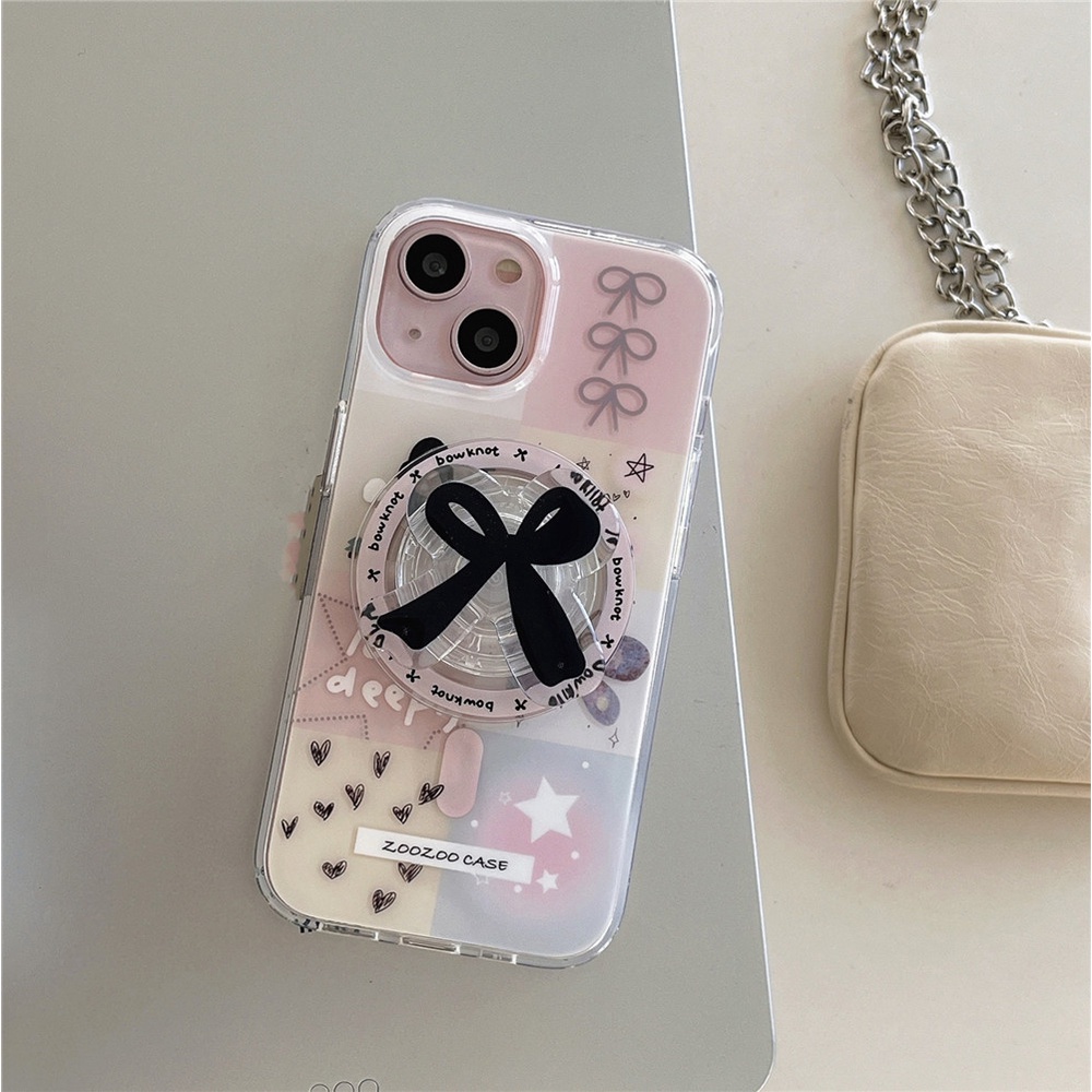 เคสโทรศัพท์มือถือ แบบสองชั้น ประดับโบว์ พร้อมแหวนแม่เหล็ก สําหรับ iPhone 15promax 15 15pro 14 13 12 14promax 13 12Pro 13promax 14Pro 12promax love&bear magnetic ring Double-layer IMD cover with bow magnetic ring stand