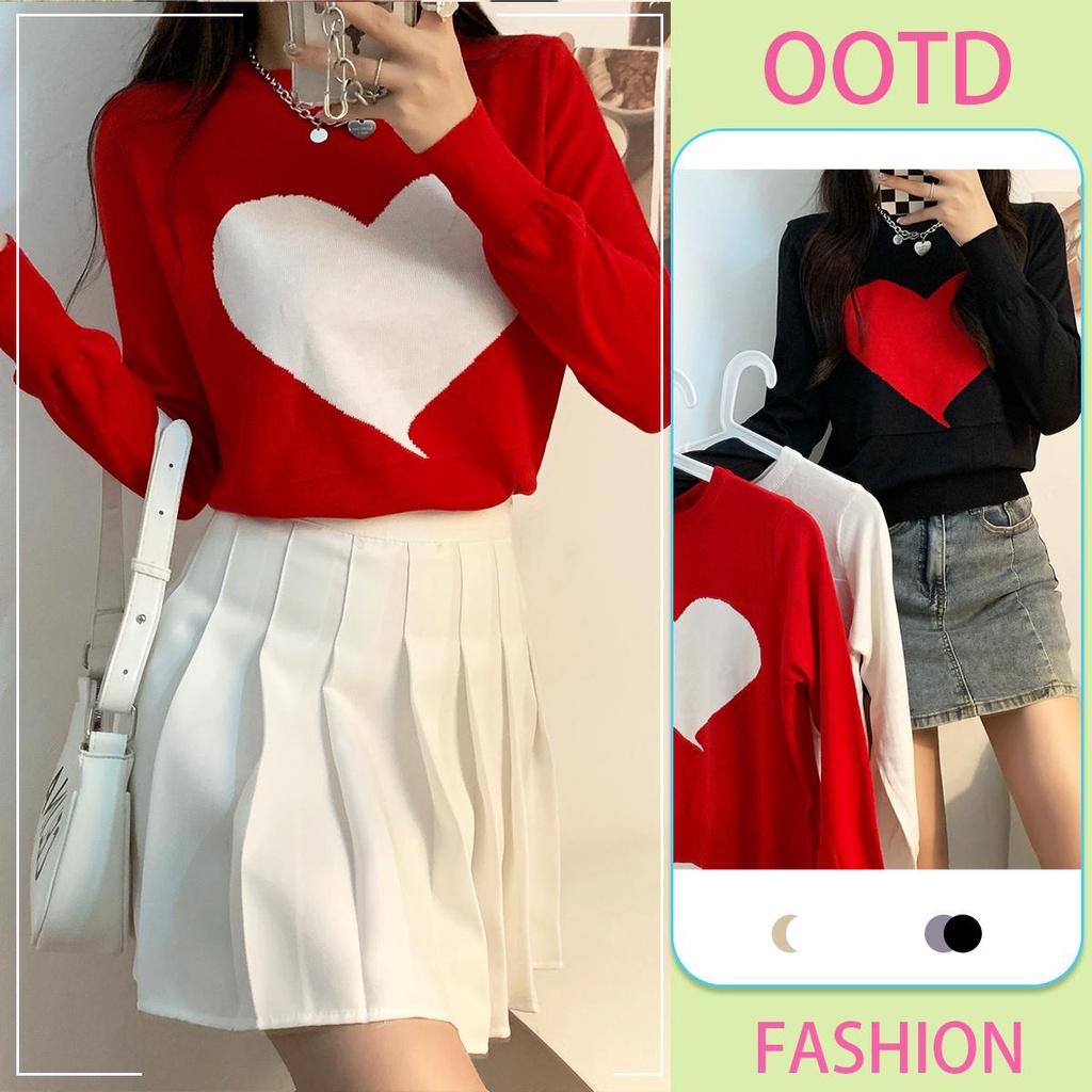 mimi&didi เสื้อไหมพรมแขนยาวแฟชั่น สไตล์เกาหลี คอกลมถักลายหัวใจรูปใหญ่น่ารักมากๆ ผ้านุ่มไส่สบาย#9019