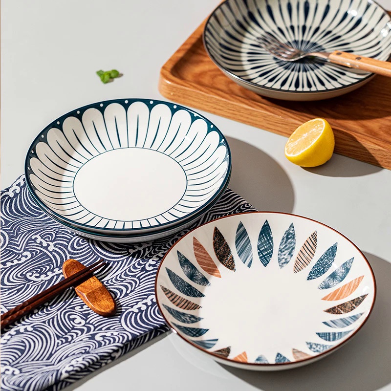Ceramic Dinner Plates Japanese Retro 8-Inch Deep Round Plate Dinner Plates Pasta Plate Steak Plate S